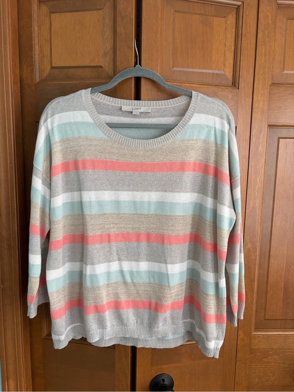 LOFT Women's Striped Scoop Neck Sweater - Coral, Mint & Gray